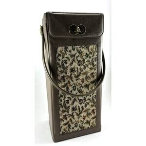 Retro Lidded Wine Bottle Holder Handle Brass Front Clasp Floral Fabric and Vinyl